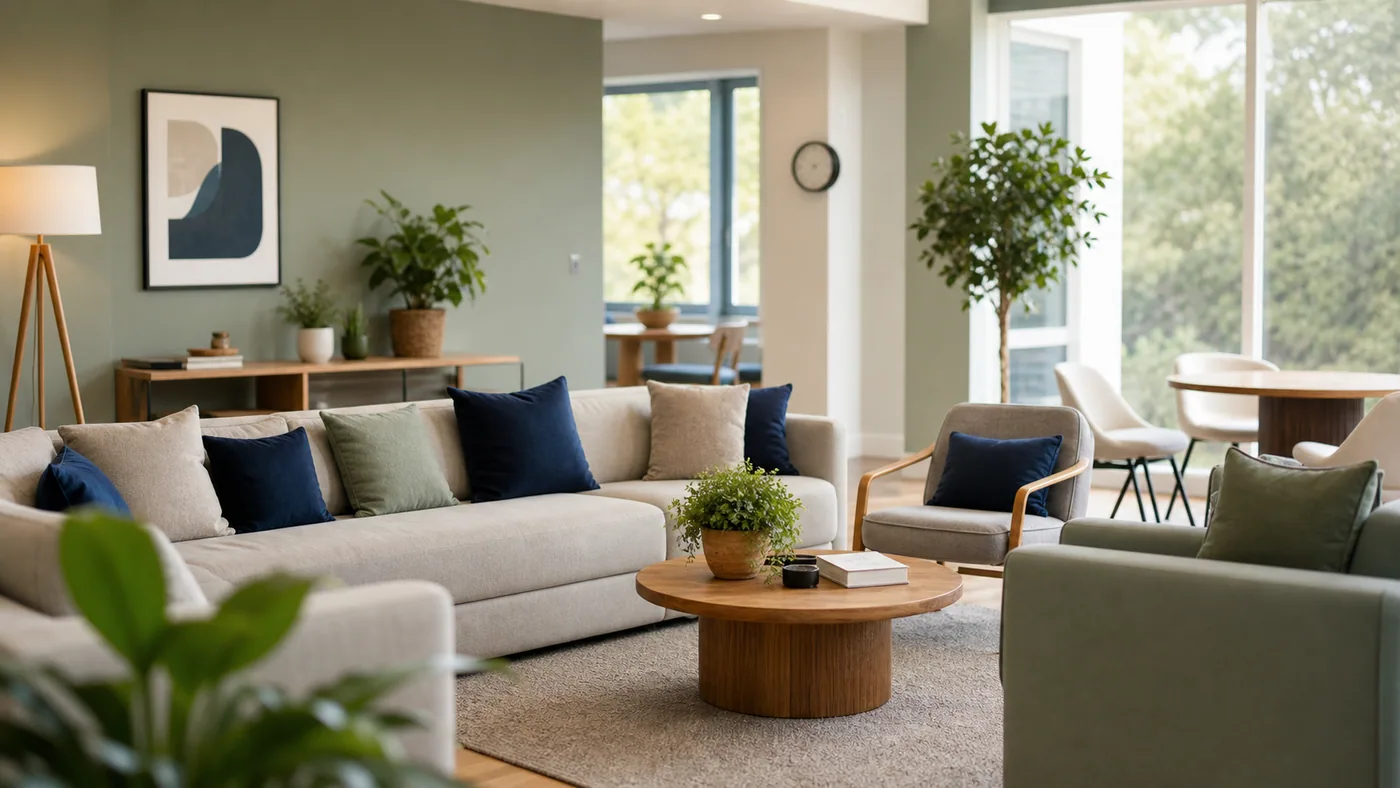 Adolescent residential treatment center lounge for structured mental health care