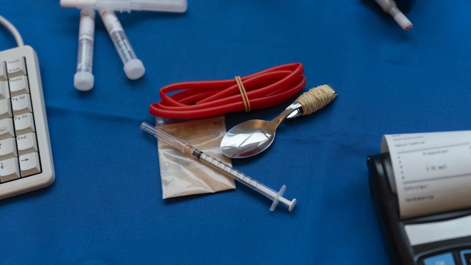 Syringe and drug paraphernalia arranged on a blue surface for a heroin warning signs guide