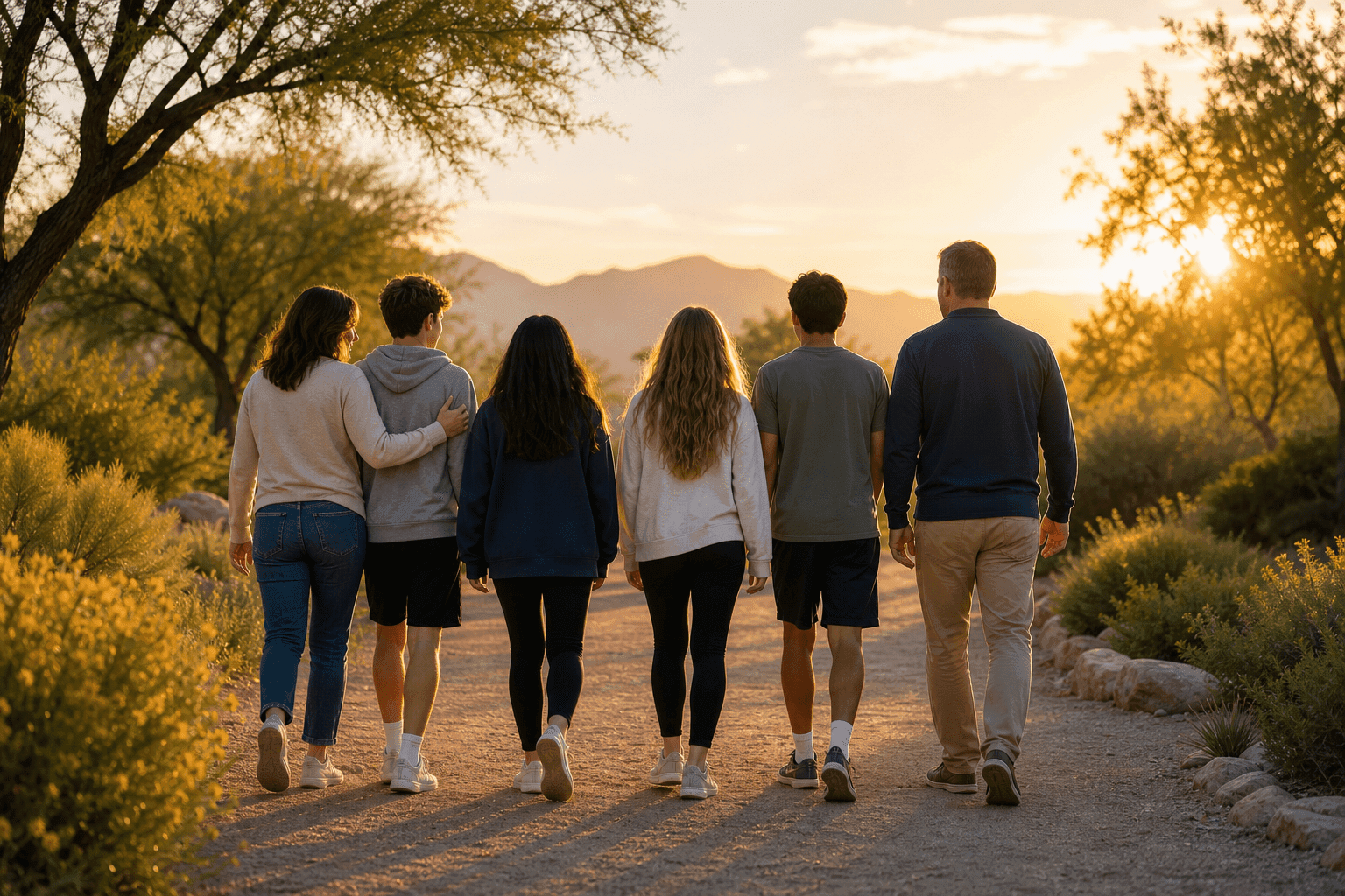 Family-centered teen mental health treatment with supportive adults outdoors